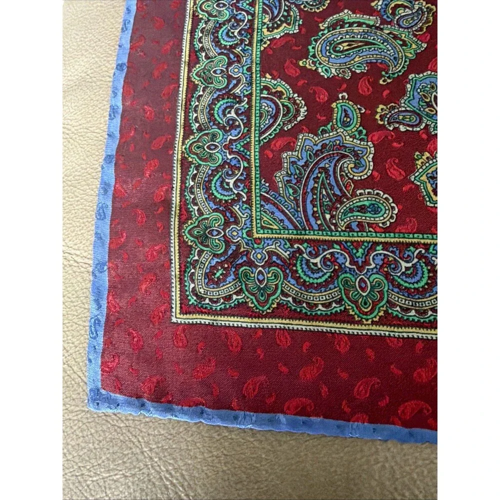 Vintage Silk Paisley Pocket Square Scarf Made in Italy Burgundy Blue Green 16x16